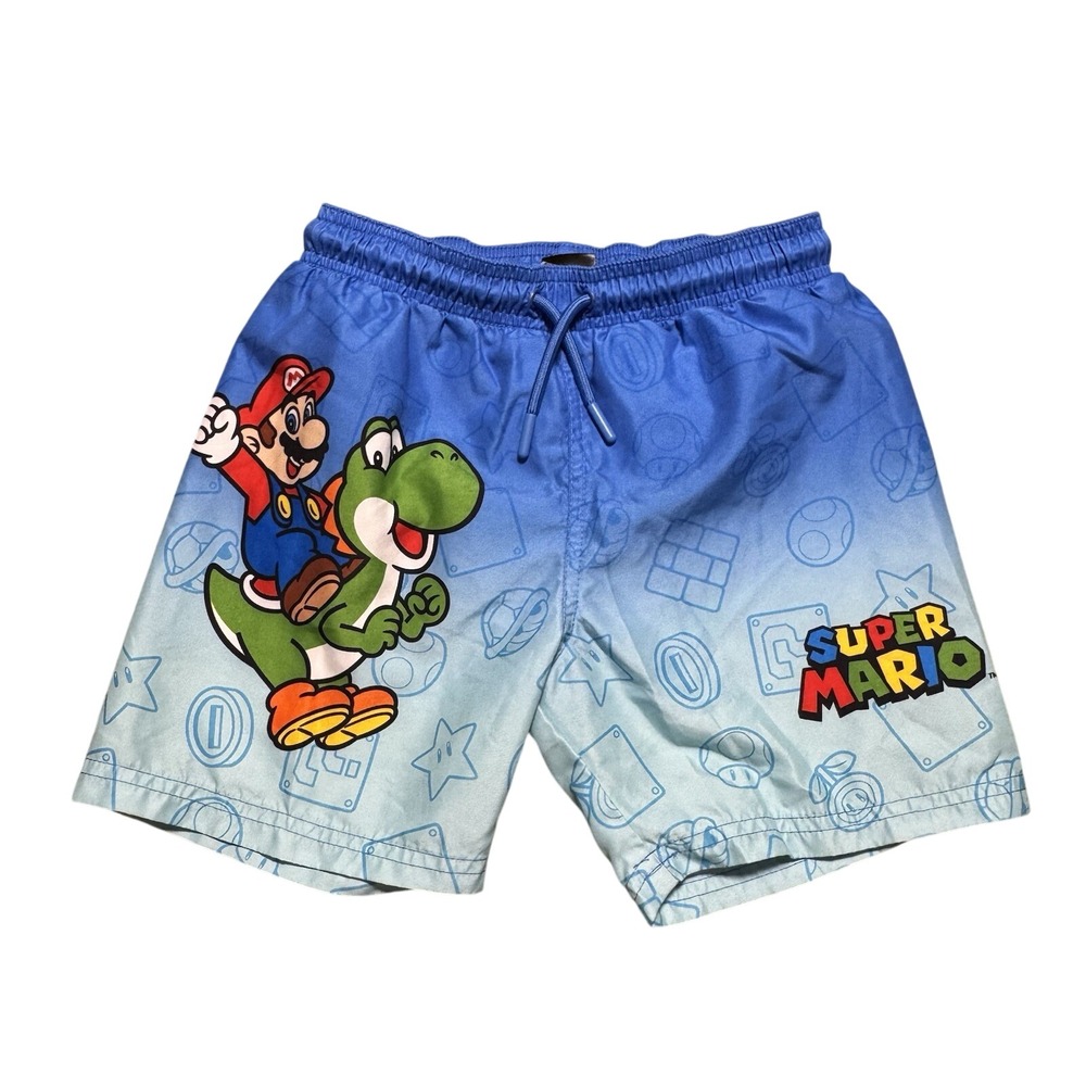 Nintendo Super Mario Yoshi Boys Blue Ombre Swim Trunks Mesh Lined Size 6-7 122cm